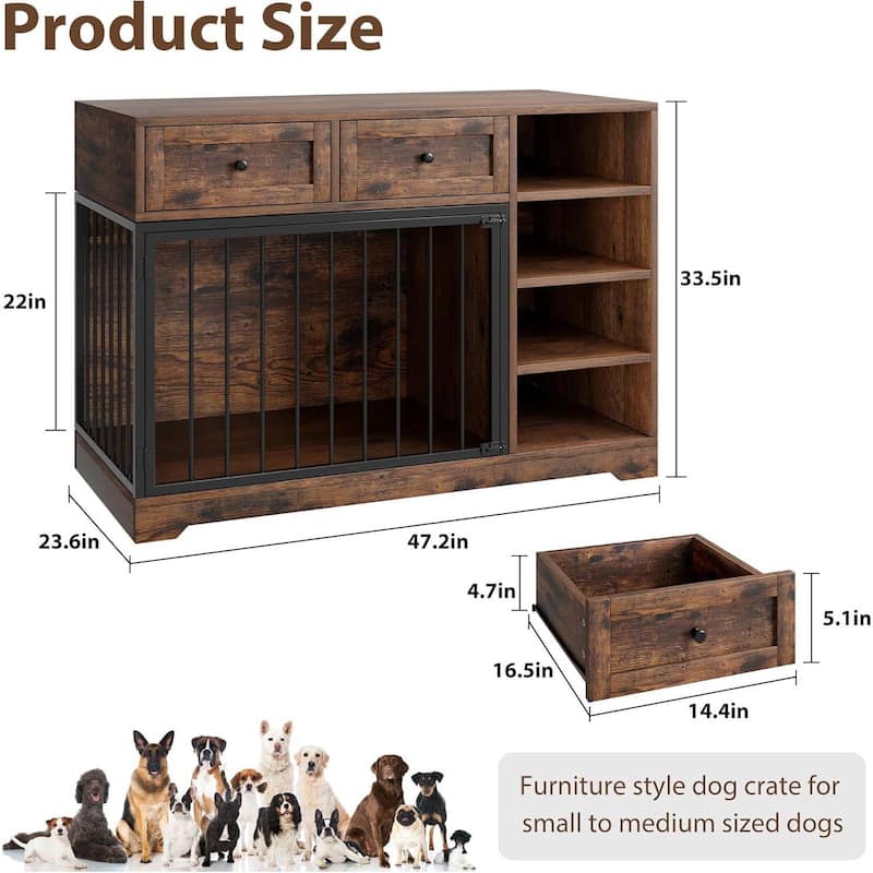 47" Dog Crate, Dog Kennel with 2 Drawers and 4 Shelves for Medium Large Dogs