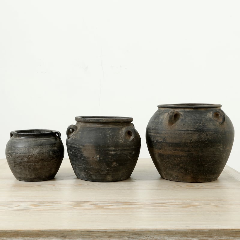 Artissance 14.2"W Large Gray Pottery Indoor Outdoor Vintage Water Jar w/4 Handles, Home and Garden Decor (Color & Size Vary)