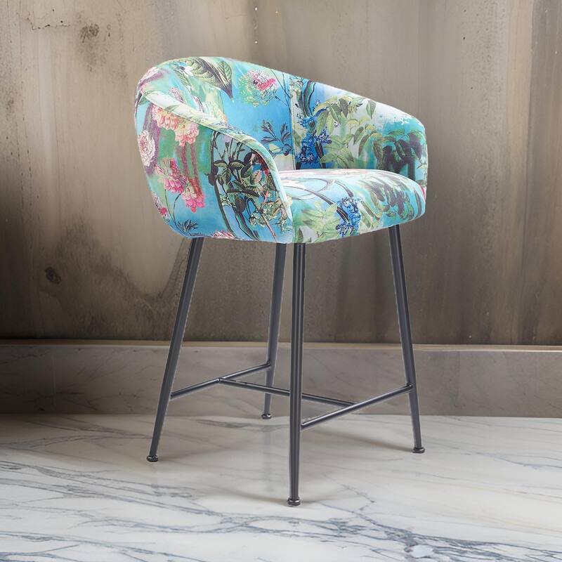 26 Inch Counter Stool Chair, Botanical Floral Print Blue Velvet, Black Legs
