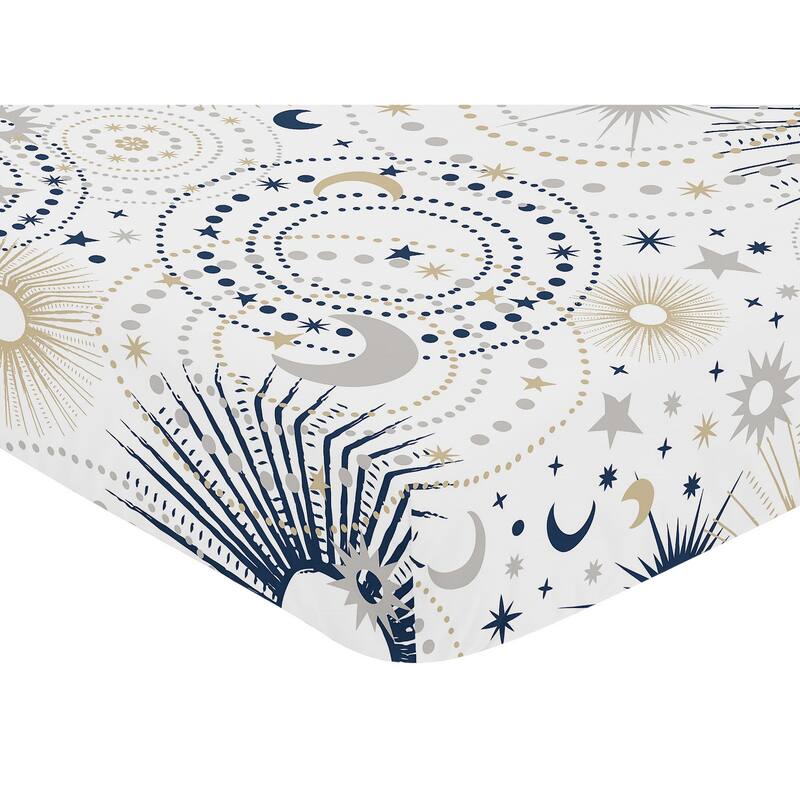 Star and Moon Collection Boy or Girl Fitted Crib Sheet - Navy Blue, Gold, and Grey Celestial Sky Stars Gender Neutral Unisex