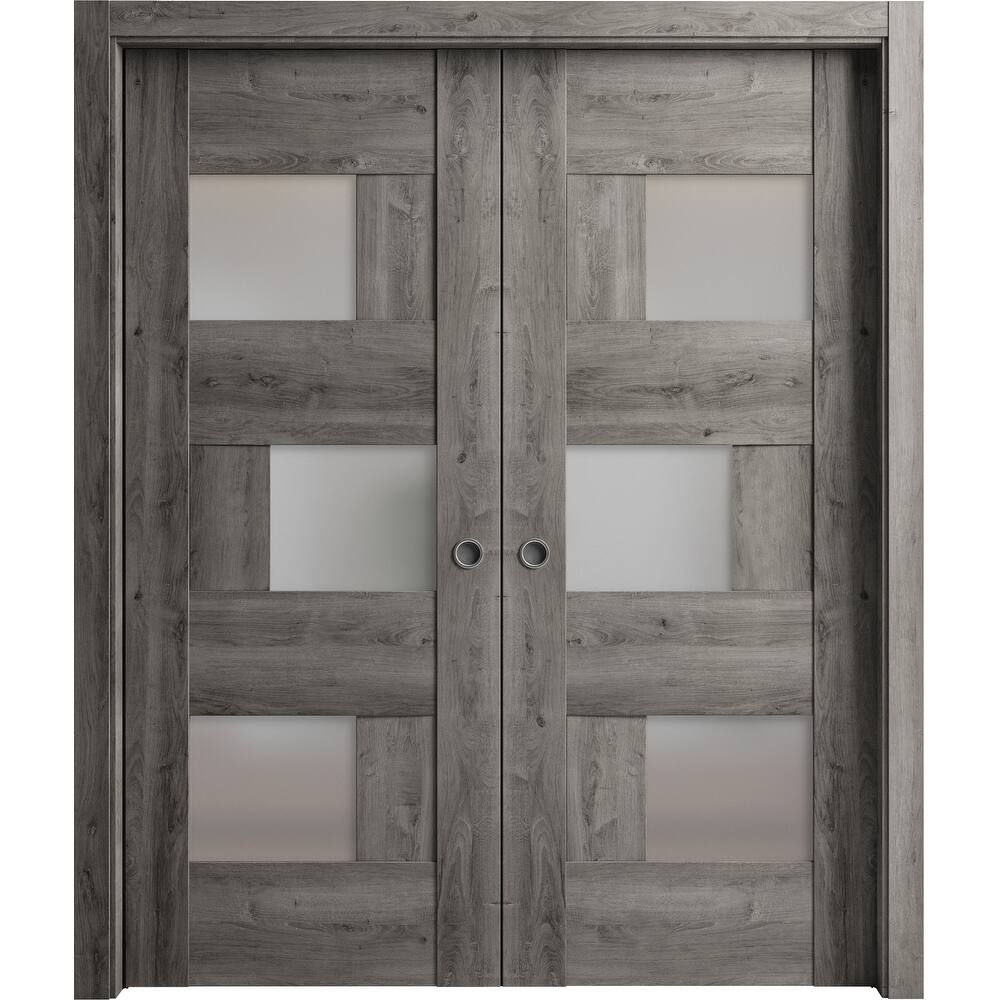 Sliding French Double Pocket Doors 36 x 80 inches | Sete 6933 Nebraska Grey with Frosted Glass