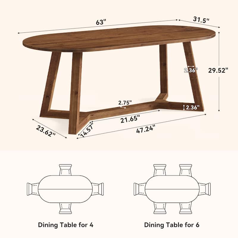 Solid Wood Oval Dining Table, 63-Inch Wooden Farmhouse Kitchen Table