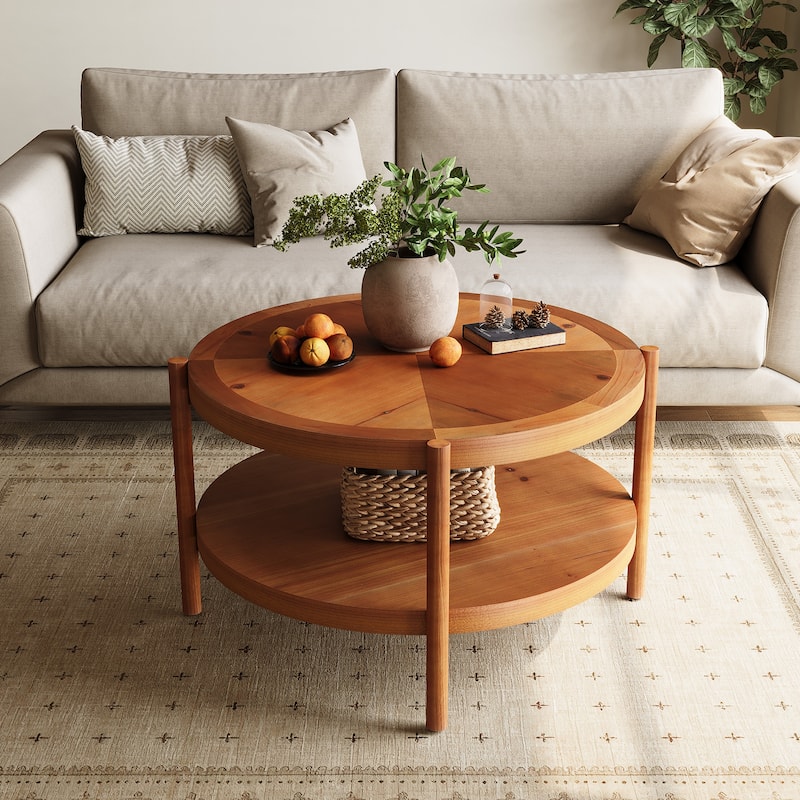 32" Double-Layer Solid Wood Round Coffee Table - Brown