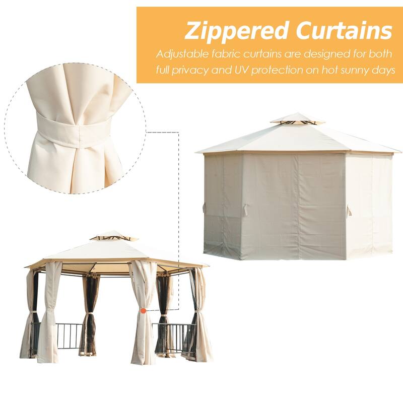 Outsunny 7' x 7' 2-Level Hexagon Outdoor Patio Gazebo Canopy Pavilion with Removable Mesh Curtains, Double Tiered Roof