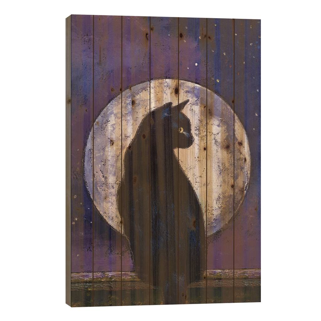 Black Cat Moonlight Print On Wood by Michael Creese - Multi-Color