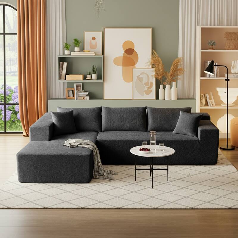 103.54" L-Shaped Modern High-Density Sponge Velvet Modular Sectional Sofa with Chaise & Pillows - Black-Raindrop Velvet - Left Facing