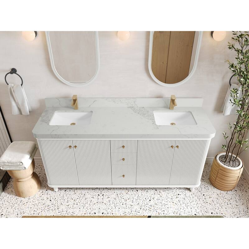 Willow Collections 72 in. W x 22 in. D Reeded Miami Double Bowl Sink Bathroom Vanity with Countertop - 2”Calacatta Nuvo - White