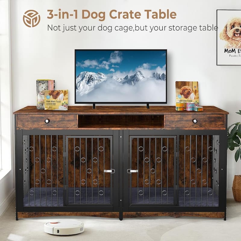 70.86'' Dog Crate Furniture Large Breed TV Stand with 2 Drawer & Double Rooms