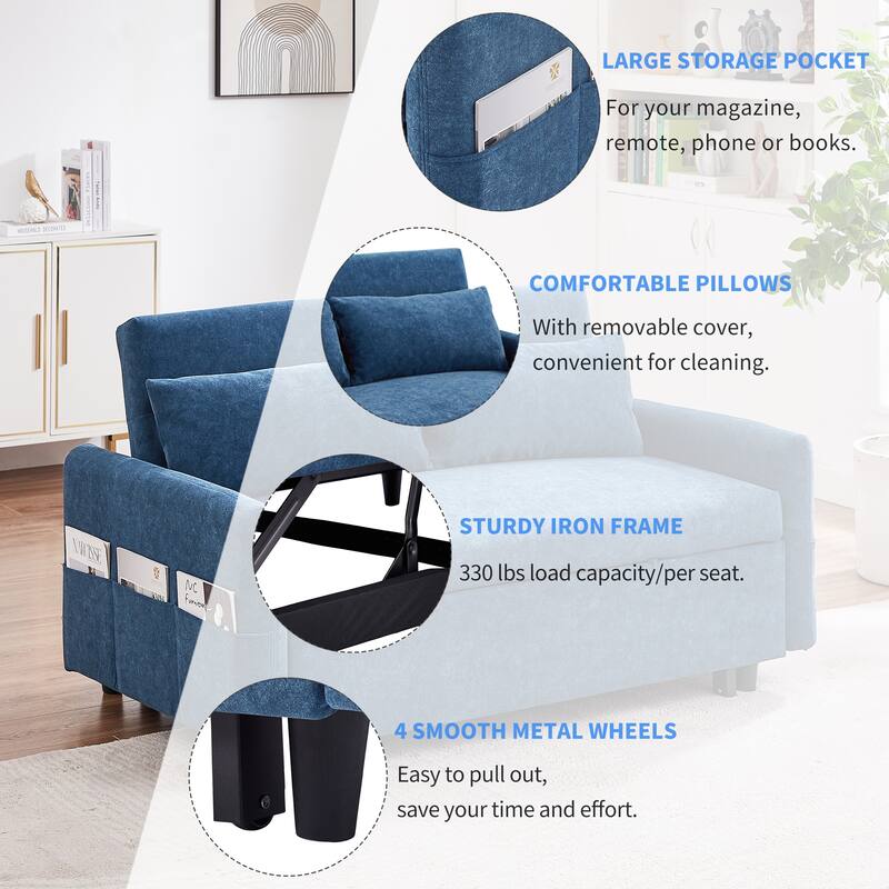 Loveseat Convertible Pull-out Sleeper Sofa Bed Adjustable Backrest Lounge Couch w2 Pillows & Storage Pockets, USB Ports