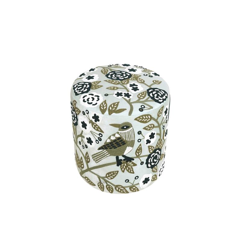 Handmade Embroidered Round Pouf Ottoman - 18" - Cream and Green