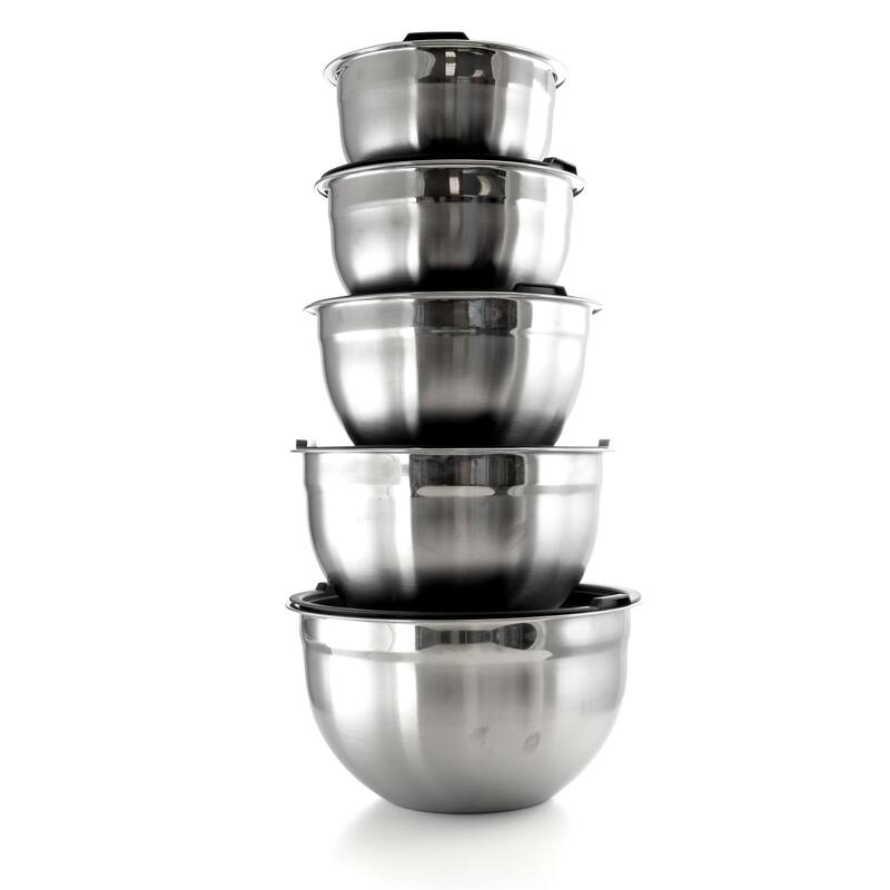 Stainless Steel Nesting Design Mixing Bowls with Lids 5 Piece Set - Silver