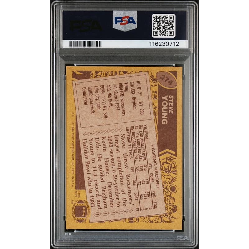 Steve Young 1986 Topps Signed Football Rookie Card #374 Auto Graded PSA 10 Cert # 1162307012 - 8' x 11'