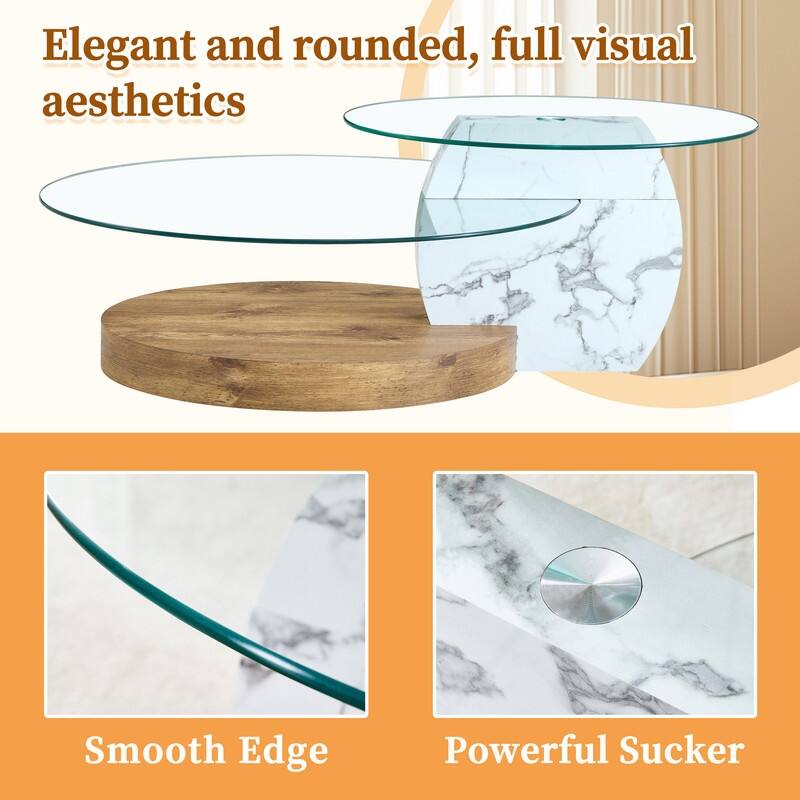 Contemporary Artistic Double Layer Coffee Table - White Marble and Wood Grain Collision