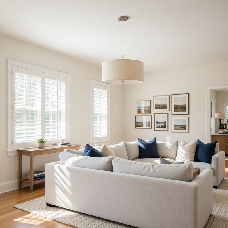 Metal Pendant Lighting with Fabric Circular Drum Shade, Off White