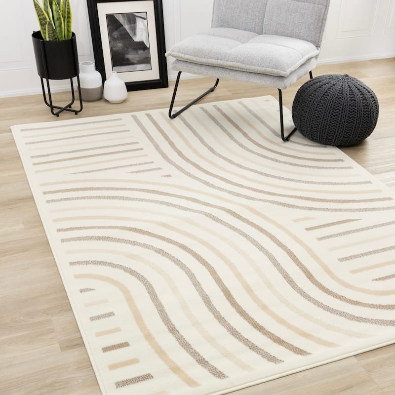 Forte Cream Beige Brown Curvy Lines Area Rug, 5'3" x 7'5"