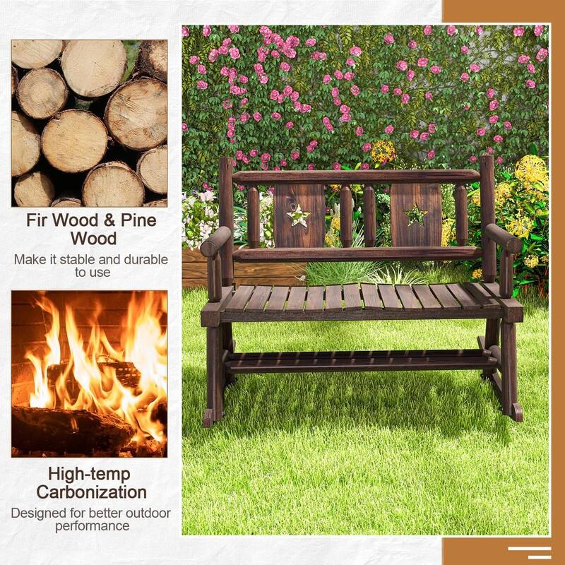 Outdoor Wood Rocking Bench Carbonized Double Rocking Chair for 2 Persons with Wide Curved Seat, Porch Rocker