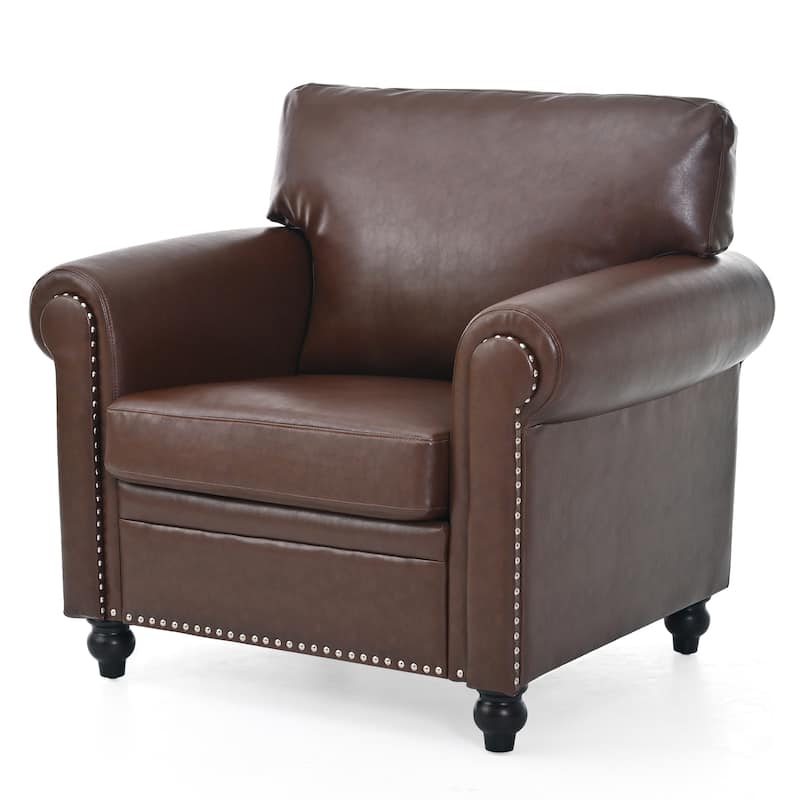 Brown PU 37.4" Accent Chair with Nailheads