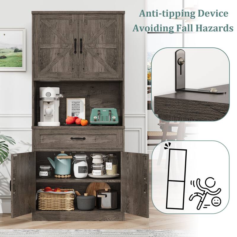 Gymojoy 70" Farmhouse Kitchen Pantry Cabinet With Operation Table & Power Outlet, Freestanding Cupboard