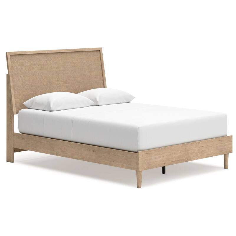 Ciel Queen Panel Bed with Cane Style Headboard, Brown and Beige Wood