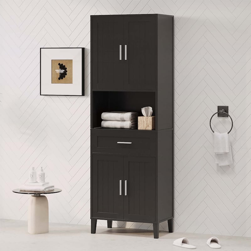 Freestanding Tall Cabinet with Drawer,2 Cabinets,4 Soft-Close Doors,and Adjustable Shelves for Versatile Storage - Black