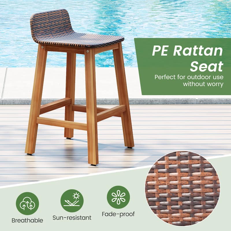 Gymax Solid Acacia Wood Bar Stools Set of 2 Rattan Bar Height Patio