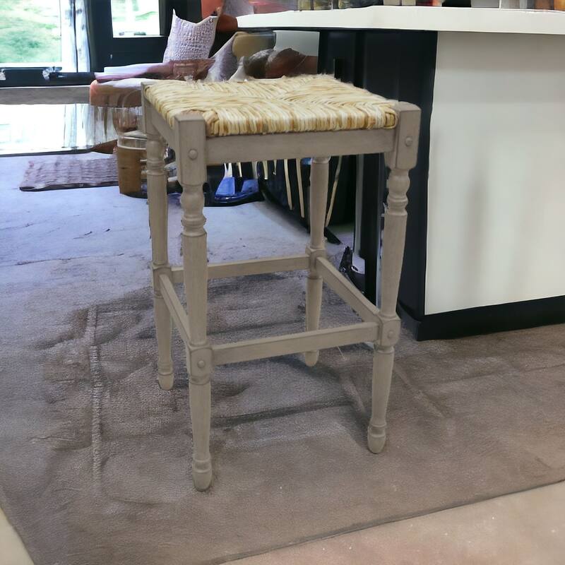 Solid Wood Rush Seat Backless Counter Height Stool with Footrest