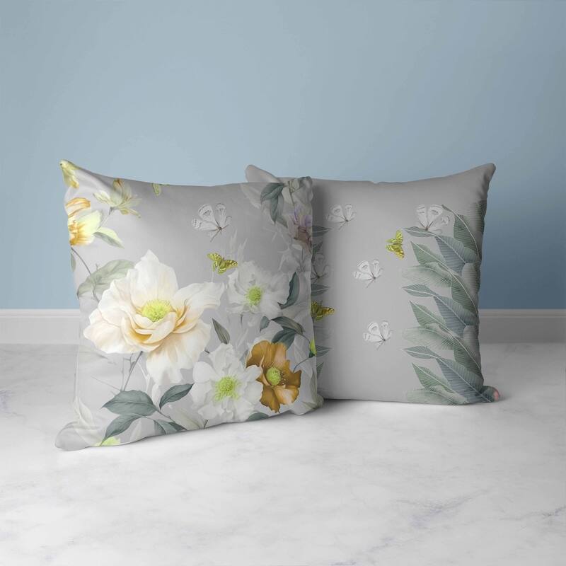 Leafy Lepidoptera Medley Faux Suede Reversible Throw Pillow Grey and Gold