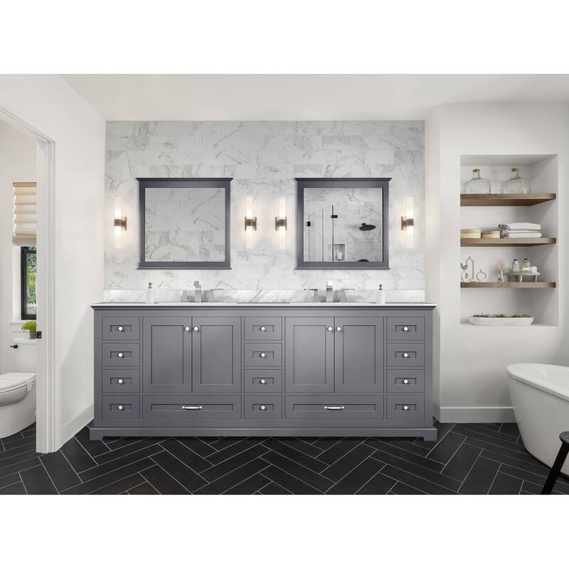 Dukes 84 in. W x 22 in. D Navy Blue Double Bath Vanity, Carrara Marble Top, Faucet Set, and 34 in. Mirrors