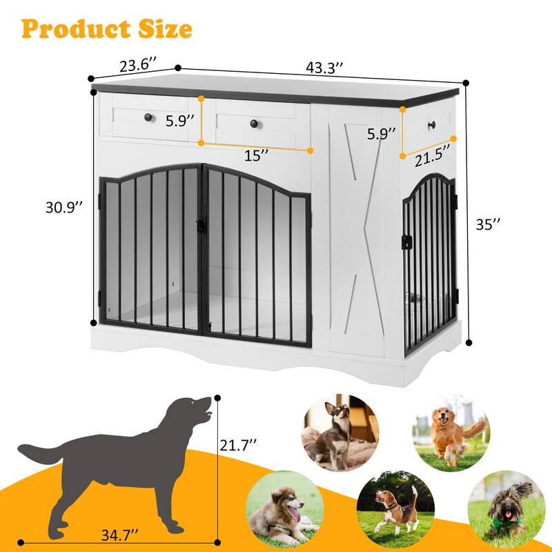 Heavy-Duty Dog Crate for Medium & Large Dogs, Indoor Wooden Dog Kennel End Table, Pet Crate with 3 Drawers & Removable Feeder