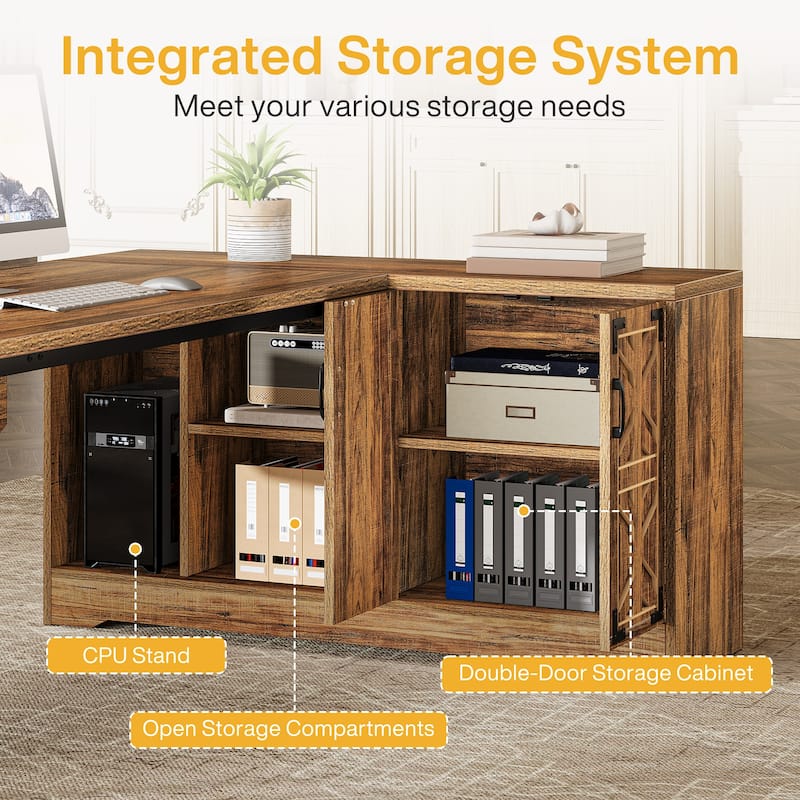 78" L-Shaped Executive Desk, Large Office Desk with Double-Door Storage Cabinet