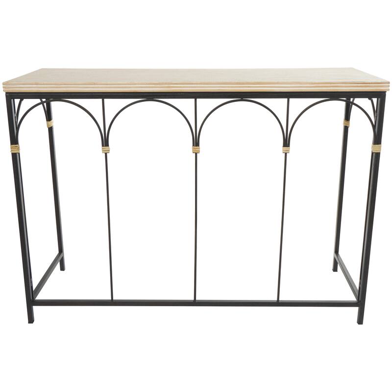 Wooden Arched Console Table with Wood Zig Zag Patterned Top and Rattan Accents - Black - Roche River Decor