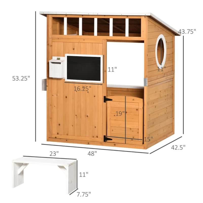 Yellow Wooden Kids Outdoor Playhouse with Mailbox Blackboard Bench and Flowerpot Holder - 48" L x 42.5" W x 53.25" H
