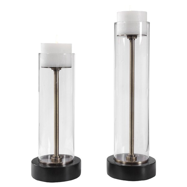 Set of 2 Glass and Brass Candle Holders with Candles 20" - N/A