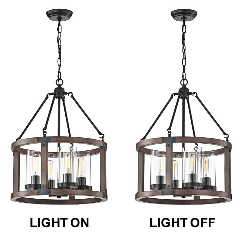 Daniela Pine Wood Drum Cage Glass Pendant with Antique Black Metal
