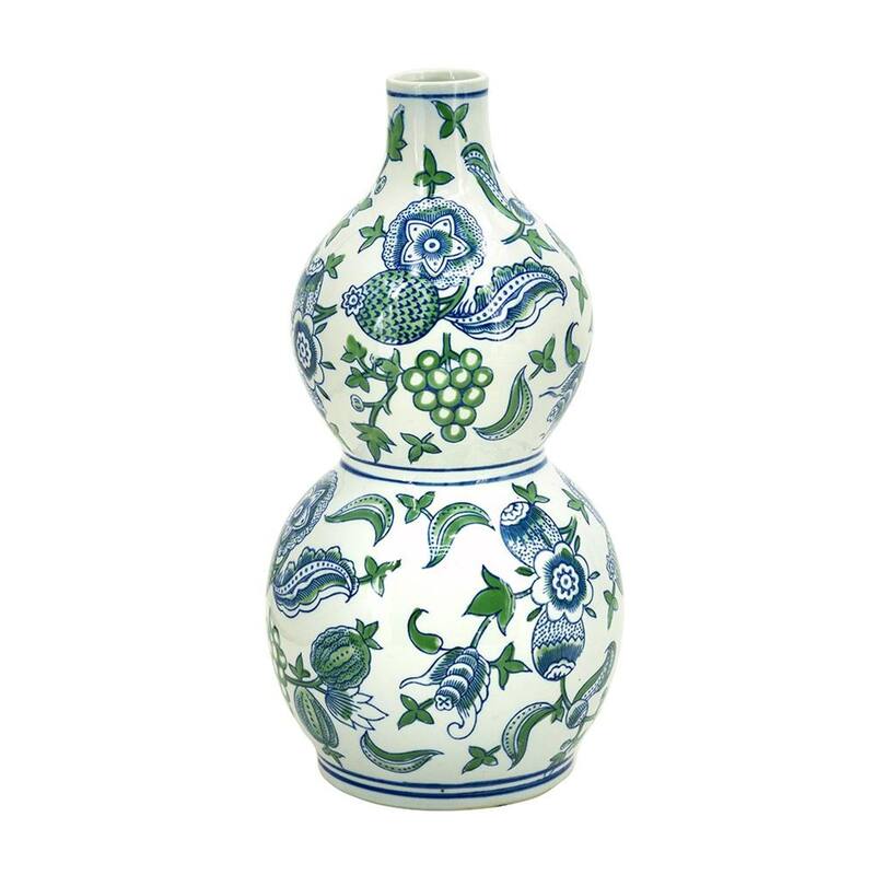 13" White Blue And Green Chinoiserie Porcelain Wavy Gourd Table Vase - 6.90