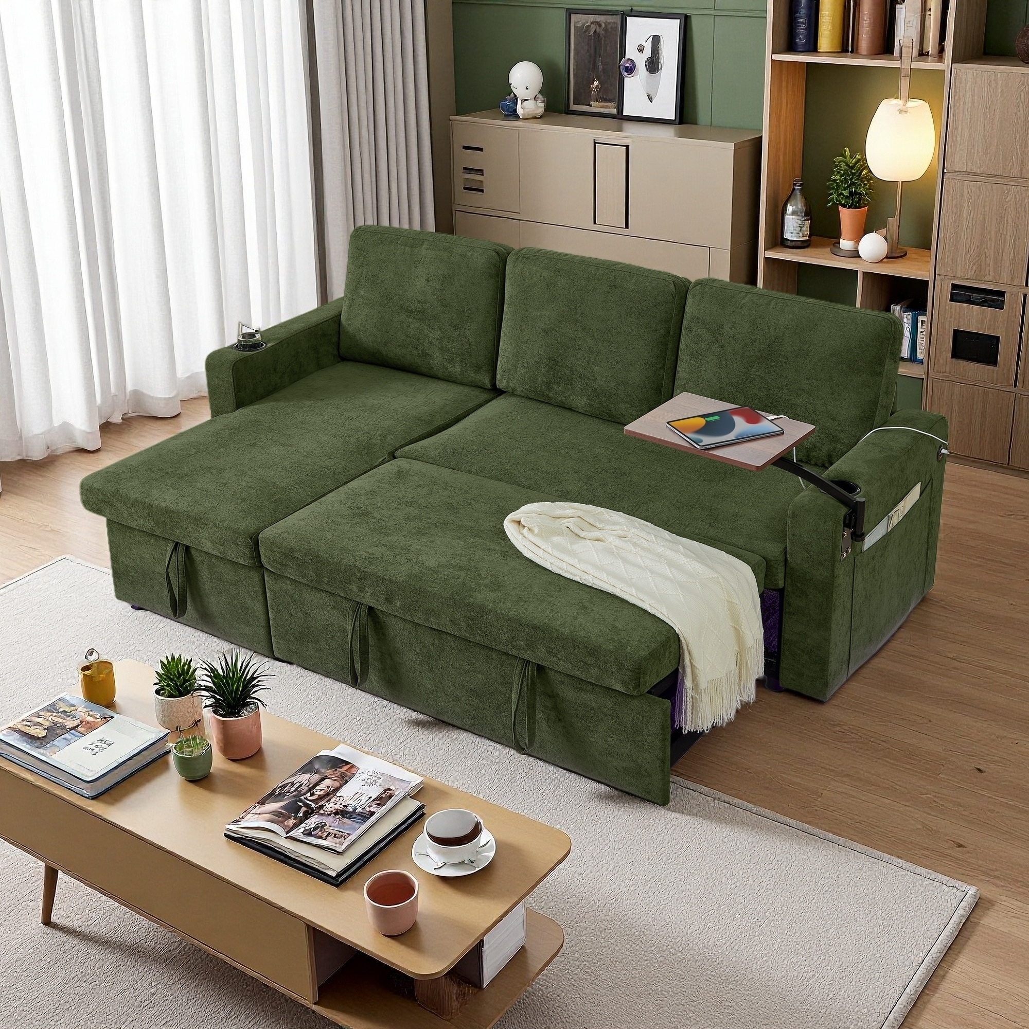 85" Chenille Multi-Functional 3-Seater Sofa with Pull-Out Bed, Retractable Table and LED Lighting