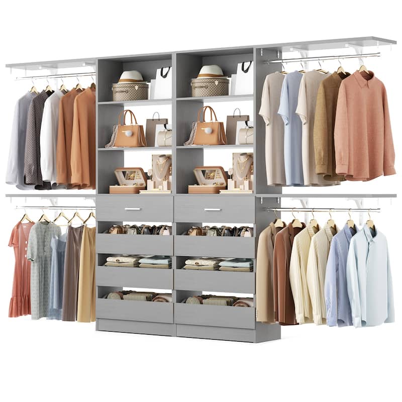 Set of 2 Closet System with Wooden Drawers and Hanging Rods, Closet Organizer with Adjustable Storage Shelves