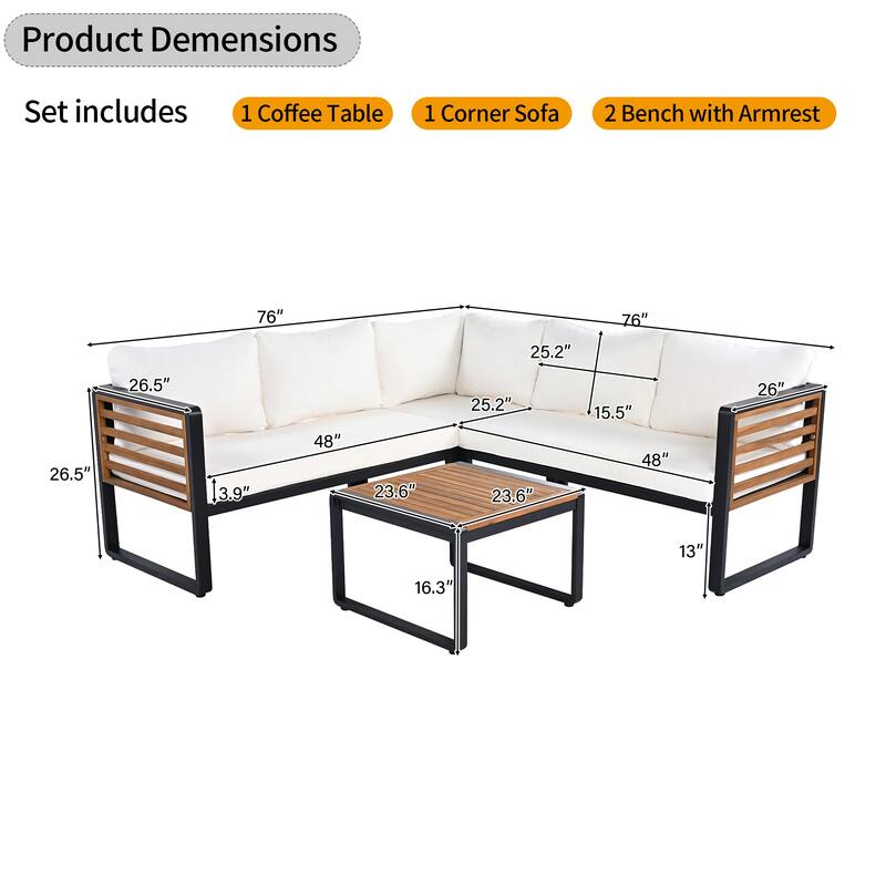 4 Pieces Outdoor Patio Conservation Set, Metal and Wood Frame Sectional L-shaped Sofa with Soft Cushion and a Coffee Tab