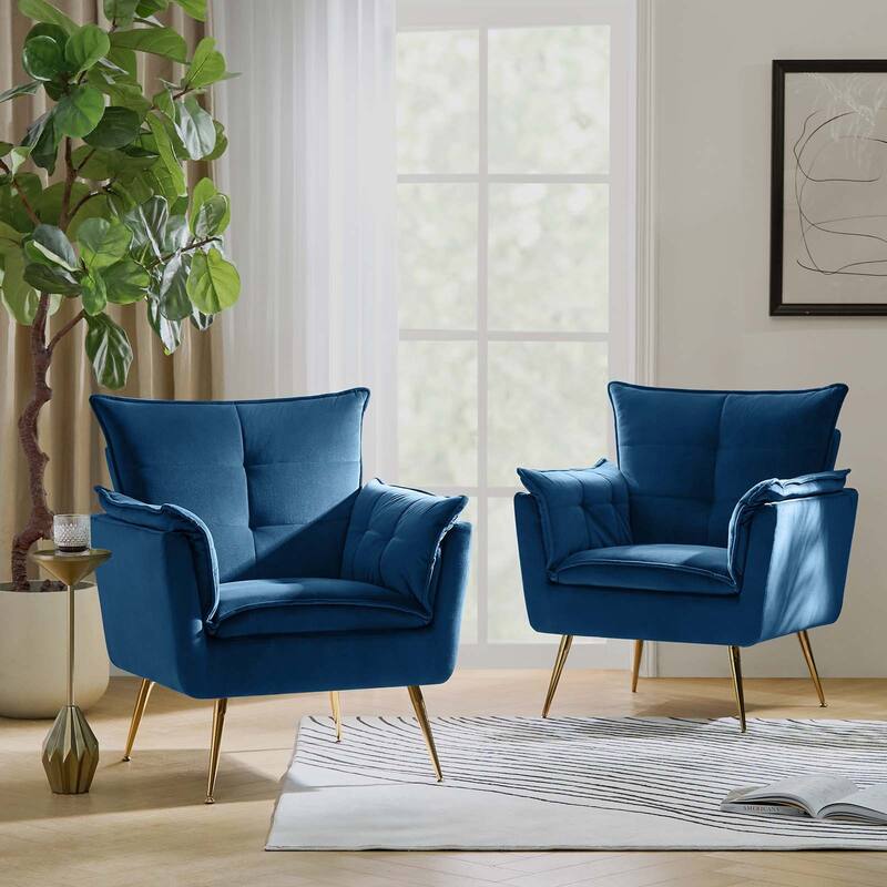 1ida Modern Velvet Tufted Accent Armchair with Gold Metal Legs Set of 2 by HULALA HOME - NAVY
