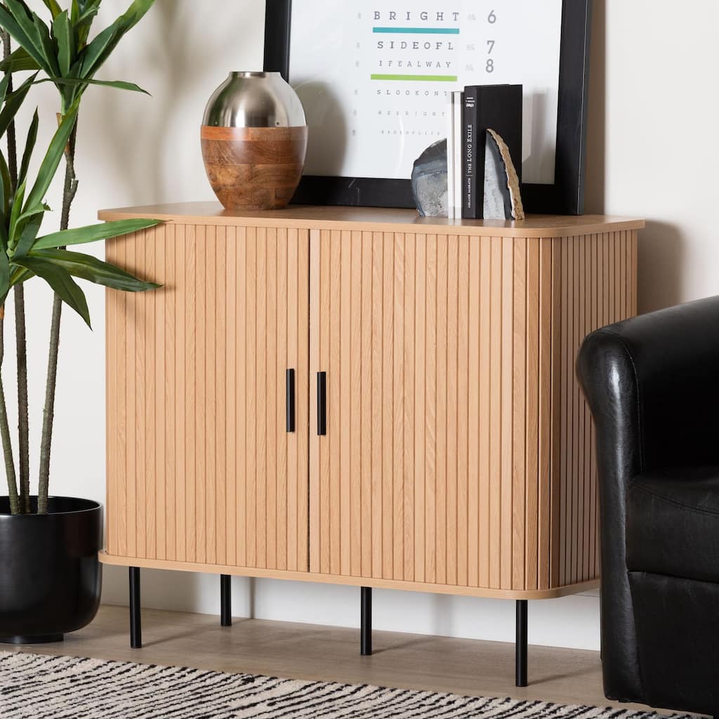 Lucia Fluted Wood Storage Cabinet - Mid-Century Modern Sideboard with Sliding Tambour Doors, 35" Wide