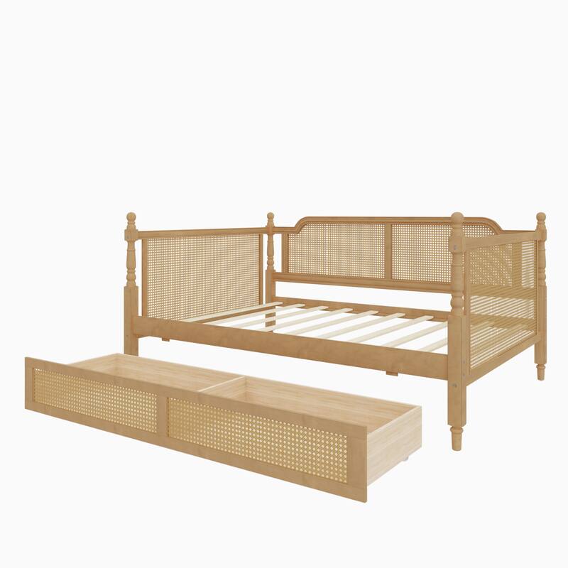 Twin/Full Rattan Bed Frame with 2 Storage Drawers & Curved Headboard, Wood Bedframe Daybed for Limited Space, Bedroom Guest Room