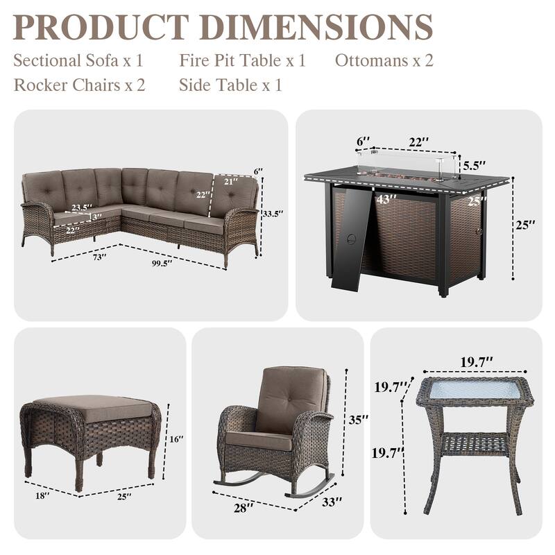 Fire Pit Table with Sectional Sofa Rocker Chairs Ottomans -Grey - Brown