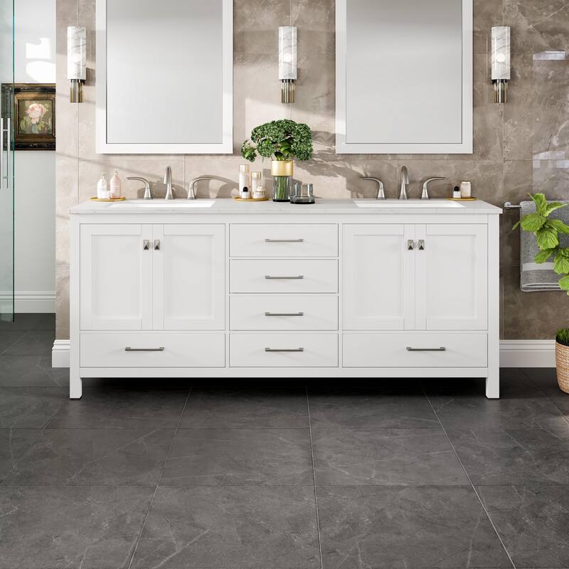 Eviva Aberdeen 78"W x 22"D White Double Sink Vanity with White Carrara Quartz Vanity Top and Rectangular Undermount Sinks