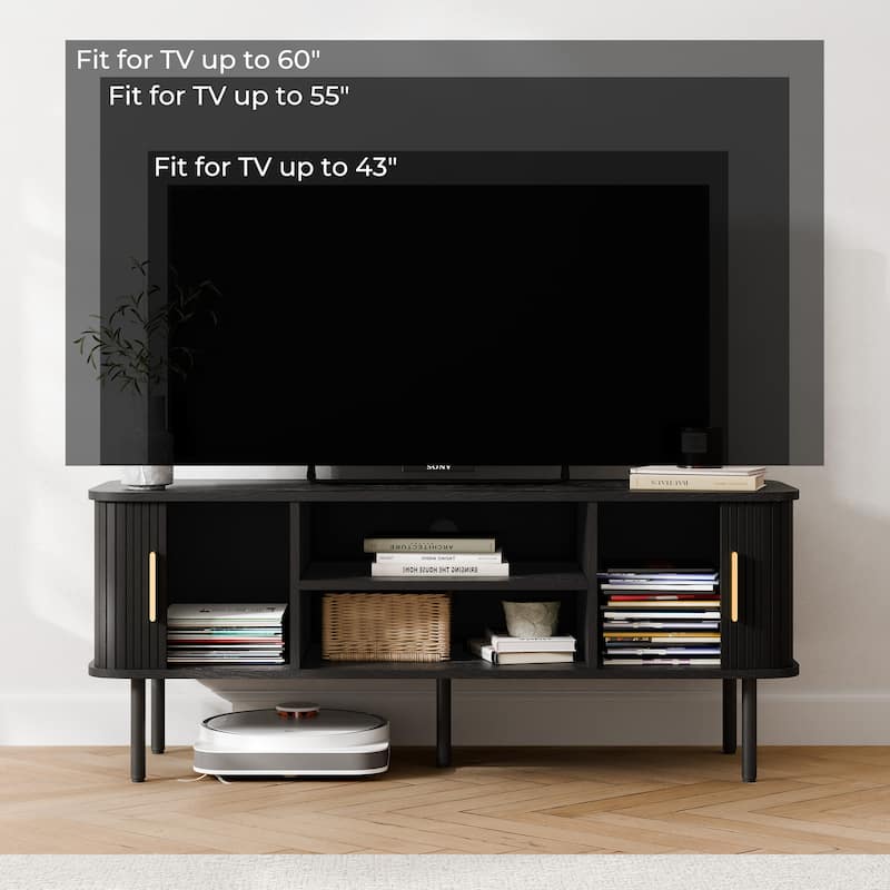 Mid-Century Modern Media Console, Tambour TV Stand with Storage Cabinet and Shelf