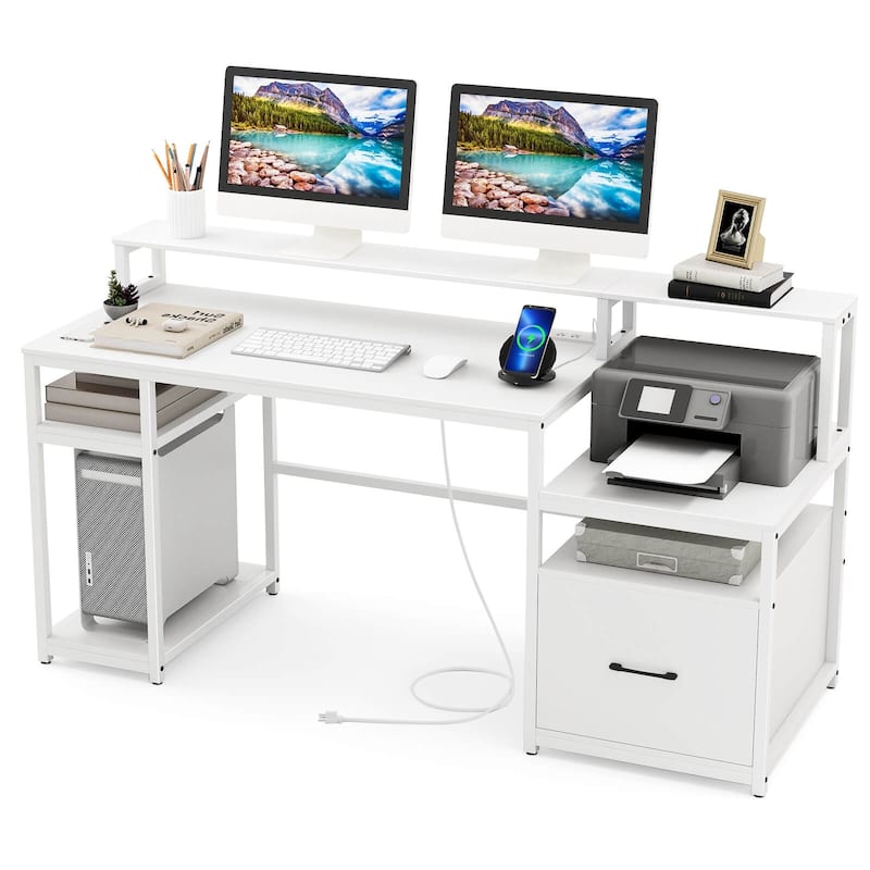 Costway 66" Computer Workstation with Monitor Stand CPU Stand Printer - See Details - White - See Details