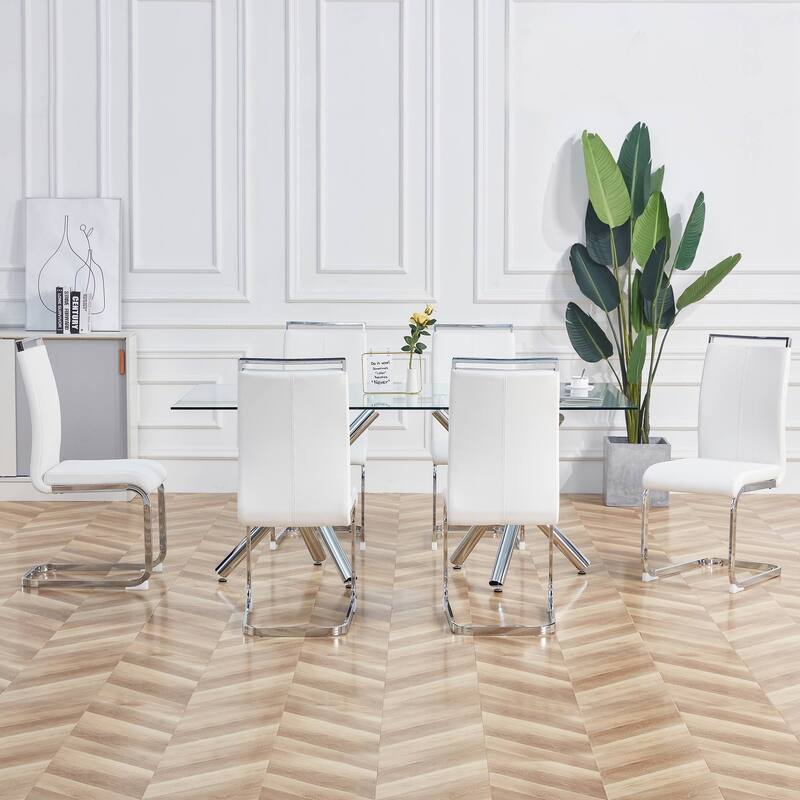 Modern Dining Chairs,PU Faux Leather High Back Upholstered Side Chair with C-shaped Tube Chrome Metal Legs