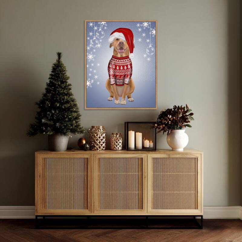 Pitbull in Christmas Sweater by Fab Funky (23 x 28 in.), Framed Canvas Wall Art Print - Sylvie Beaded Rustic Natural