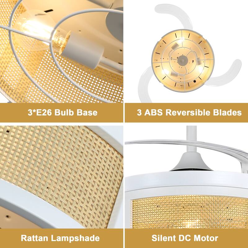 Cusp Barn 42'' Retractable Ceiling Fan with Lights and Remote, Boho Rattan Fandelier, Farmhouse Caged Chandelier Ceiling Fan