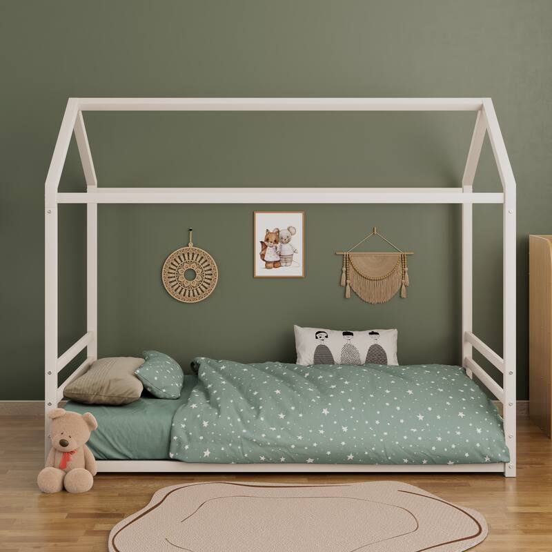 Montessori House Metal Floor Bed with End Guardrails by Harper&Bright Designs