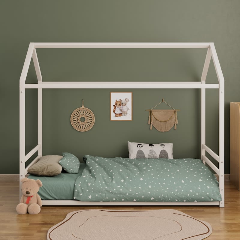 Montessori Style Metal Floor Bed Frame, House Shaped Bed for Kids and Toddlers, No Slats, House Bed